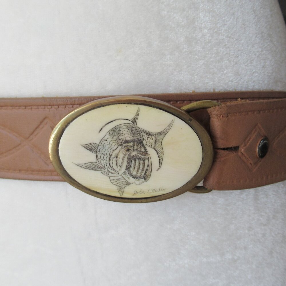 VTG Solid Brass BTL Belt Buckle Made in the USA Tarpon Fish Drawing Fisherman